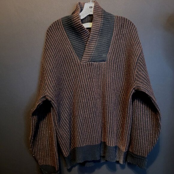 Vintage 1960s Walsted Pullover Sweater Brown Stripes Shawl Neck Sz 46 Fading - Picture 1 of 11